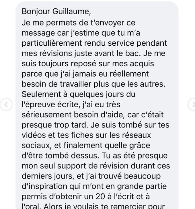 Message d'un élève : 20 à l'écrit et à l'oral