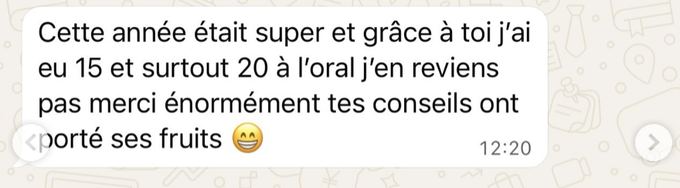 Message d'un élève : 15 et 20 à l'oral